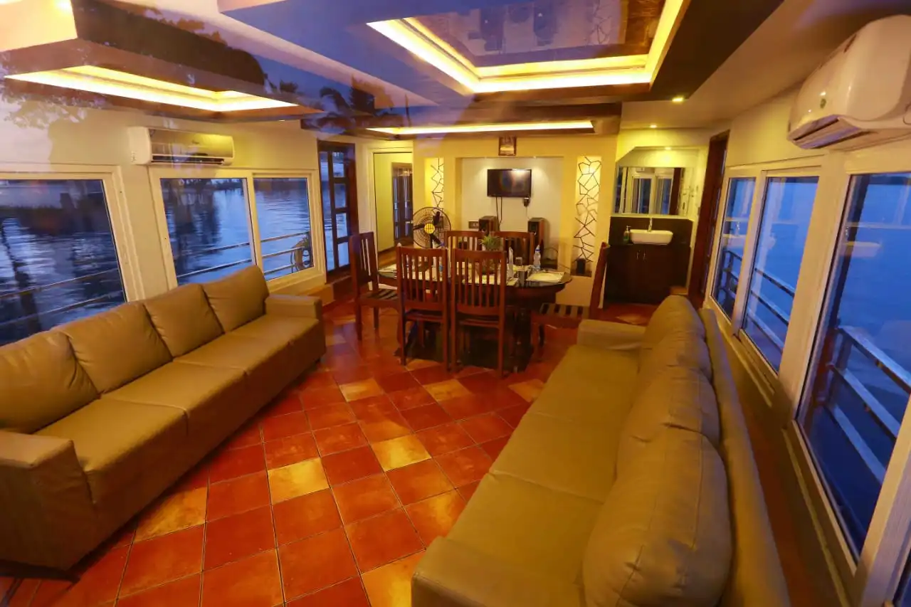 sofas and dinning set inside an houseboat